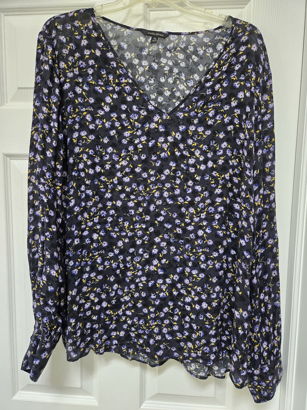 Banana Republic Black V-Neck Blouse with Purple & Yellow Floral